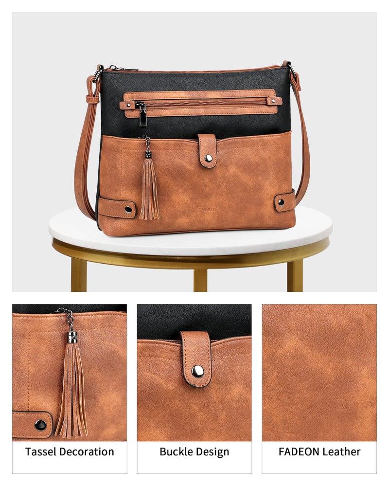 FADEON Large Crossbody Bags Purses for Women Crossbody Bag, Designer Leather Cross Body Purse Multi Pocket Shoulder Bag Black - Image 5