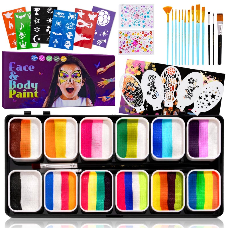 UDUOLER Face Paint Kit12 Split Cake Palettes Face Painting Kit Professional with Stencils For Kids Adults Rainbow Non Toxic Water Activated Facepaint Makeup Kit with Brush Set for PartyHalloweenChristmas