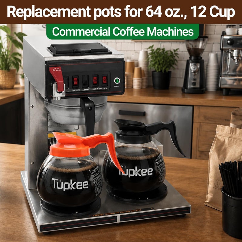Tupkee Commercial Coffee Pot Replacement Glass Coffee Pots Decanter Carafe -64 oz. 12-Cup, Set of 2 Orange Handle - Decaf - Image 4