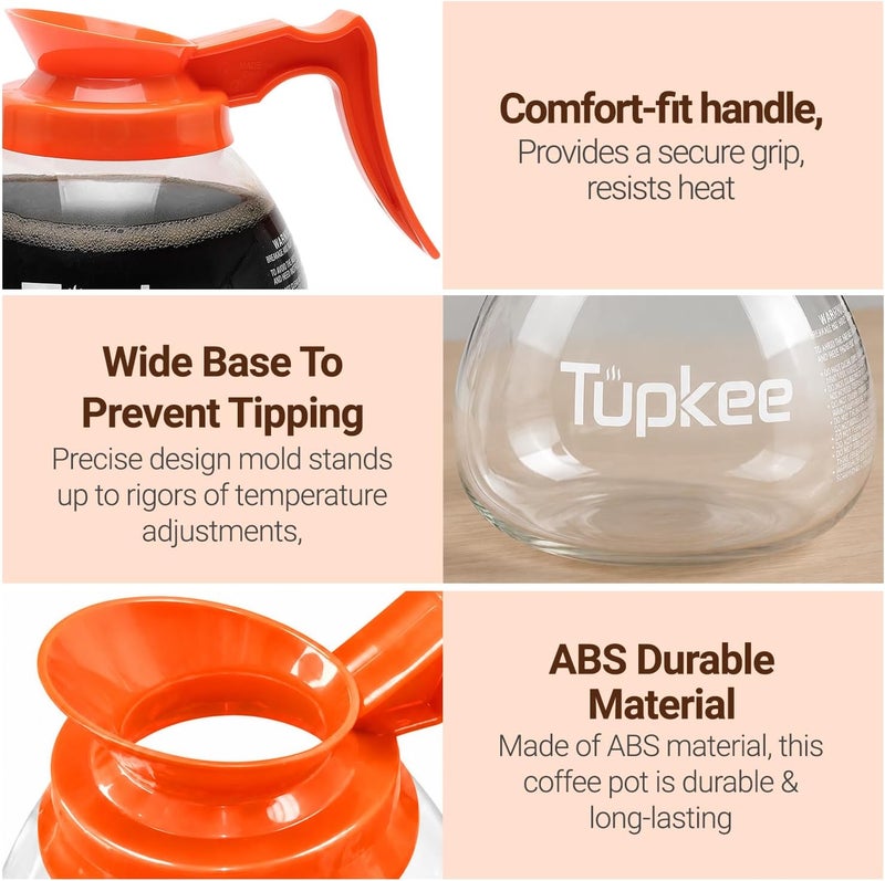 Tupkee Commercial Coffee Pot Replacement Glass Coffee Pots Decanter Carafe -64 oz. 12-Cup, Set of 2 Orange Handle - Decaf - Image 5