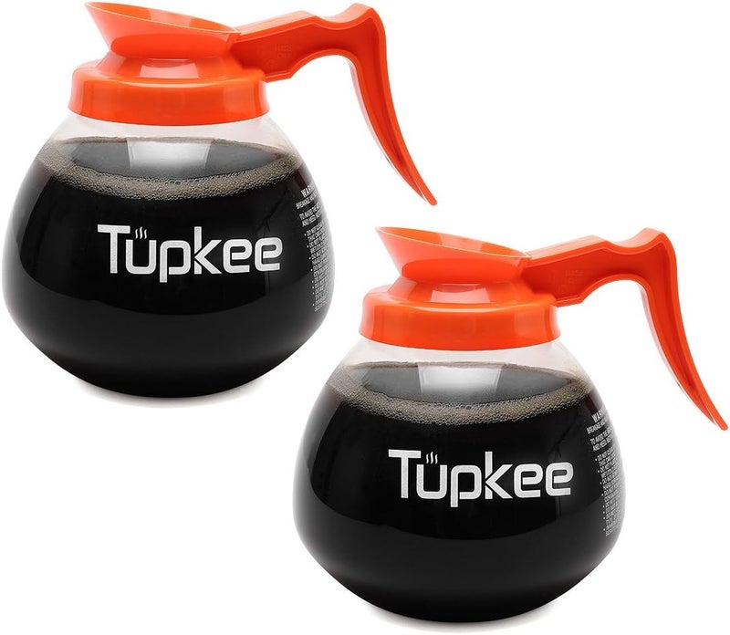 Tupkee Commercial Coffee Pot Replacement Glass Coffee Pots Decanter Carafe -64 oz. 12-Cup, Set of 2 Orange Handle - Decaf - Image 1