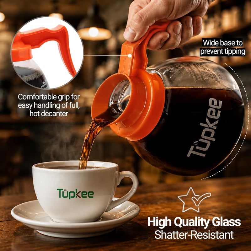 Tupkee Commercial Coffee Pot Replacement Glass Coffee Pots Decanter Carafe -64 oz. 12-Cup, Set of 2 Orange Handle - Decaf - Image 2