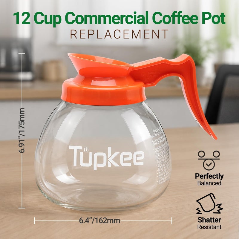 Tupkee Commercial Coffee Pot Replacement Glass Coffee Pots Decanter Carafe -64 oz. 12-Cup, Set of 2 Orange Handle - Decaf - Image 3