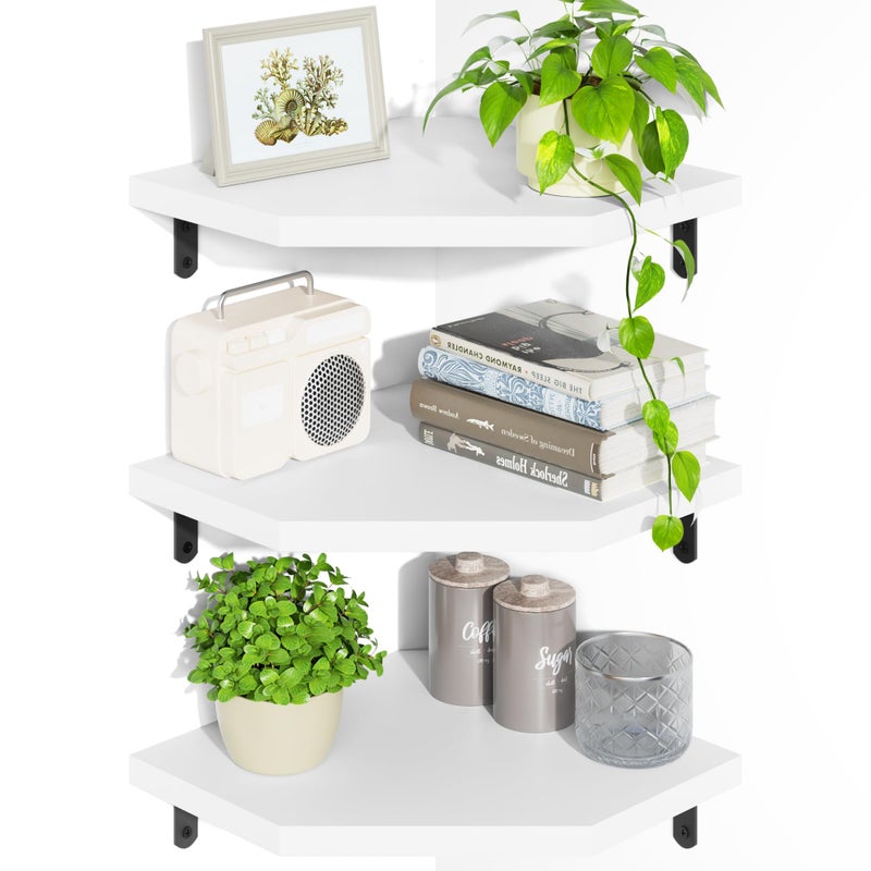 Alsonerbay White Corner Wall Shelf Set of 3 small kitchen corner shelf stylish floating book shelves for wall for Bedroom Living Room Office Bathroom