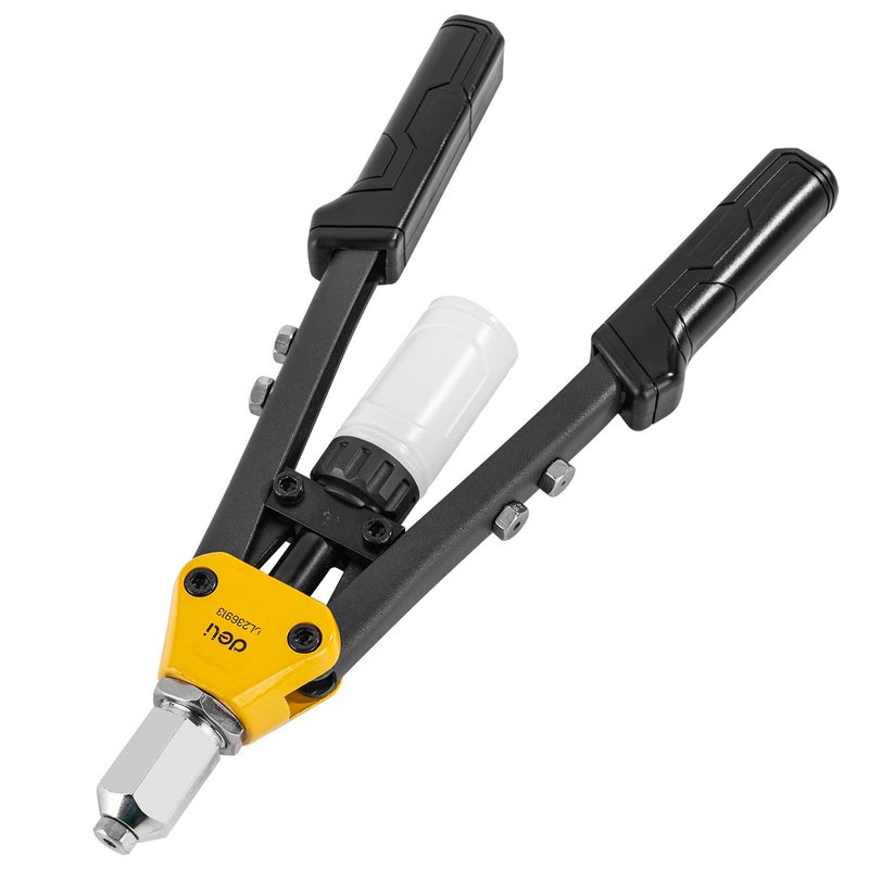 Deli DL236913 مسدس ربط مزدوج بمقبض طويل 13" مصنوع من فولاذ سبائك Cr-Mo مع أنوف قابلة للاستبدال مقبض مريح رافعة ثقيلة تدعم قطع فوهة 2.4-6.4 مم (1 قطعة، أصفر وأسود) - Image 1