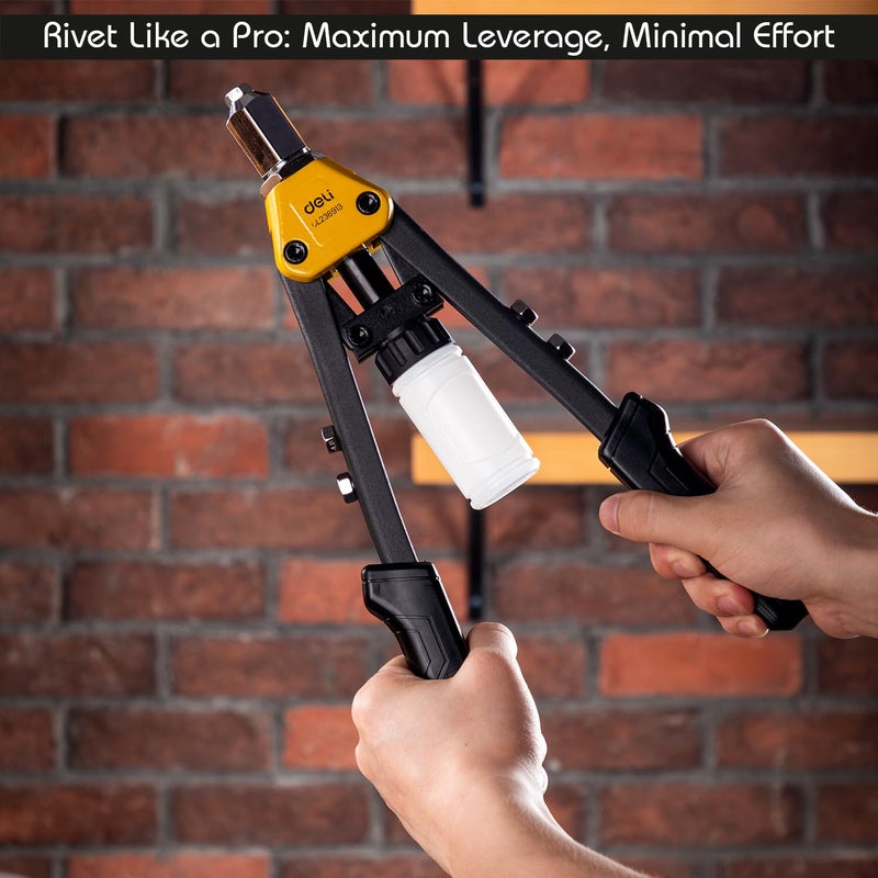 Deli DL236913 مسدس ربط مزدوج بمقبض طويل 13" مصنوع من فولاذ سبائك Cr-Mo مع أنوف قابلة للاستبدال مقبض مريح رافعة ثقيلة تدعم قطع فوهة 2.4-6.4 مم (1 قطعة، أصفر وأسود) - Image 3