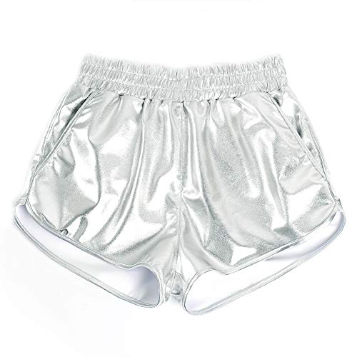 PESION Women's Metallic Rave Shiny Shorts Booty Hot Yoga Dance Disco Pants, Silver Large - Image 3
