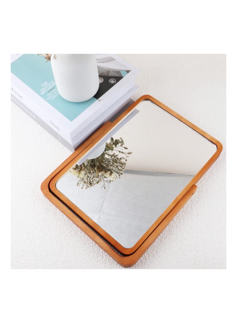 KASTWAVE Wooden Desk Mirror for Makeup, Small Rounded Rectangle Natural Cosmetic Mirror with Adjustable Stand for Makeup Table, Aesthetic Desk Decor Rectangle Wall  Table Makeup Mirrors for Bathroom Bedroom - Image 1