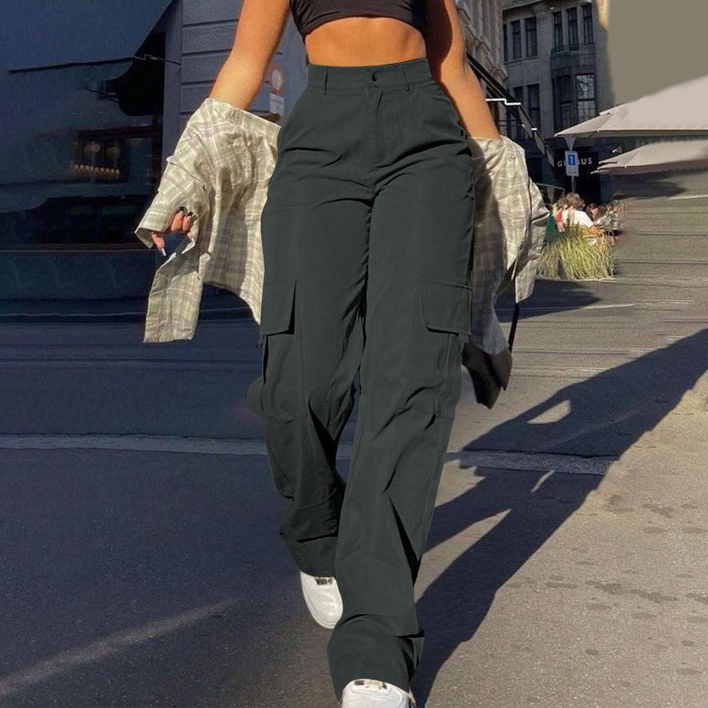 Women's Street Style Multi-Pocket Cargo Straight Leg Pants High Waist Loose Fit Trousers