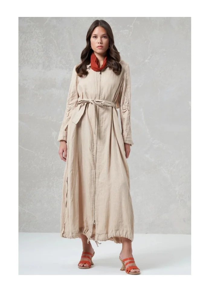 MissWhence Belted Zip-Front Linen Overcoat - Beige