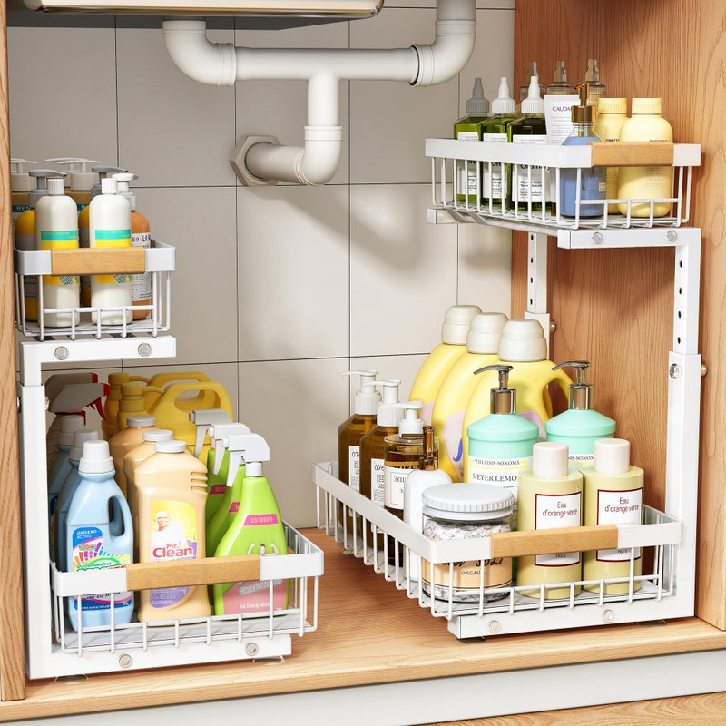 PXRACK Under Sink Organizer, Adjustable Height, 2 Tier Pull Out Under Cabinet Organizer, Slide Out Thickened Metal Under Sink Storage for Kitchen Bathroom Laundry Pantry Cabinet, White, Small-2-Pack - Image 1
