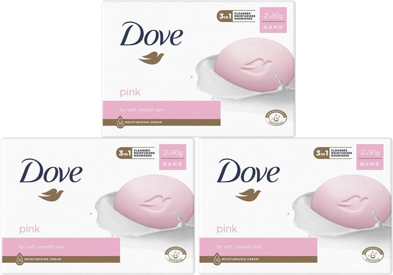 Dove Pink Moisturising Beauty Cream Bar 3 in 1 Cleanses Moisturises and Nourishes Soap for Soft Smooth Skin Vegan Crealty Freee and Dermatologically Tested Beauty Soap 2x90g 3 Pk