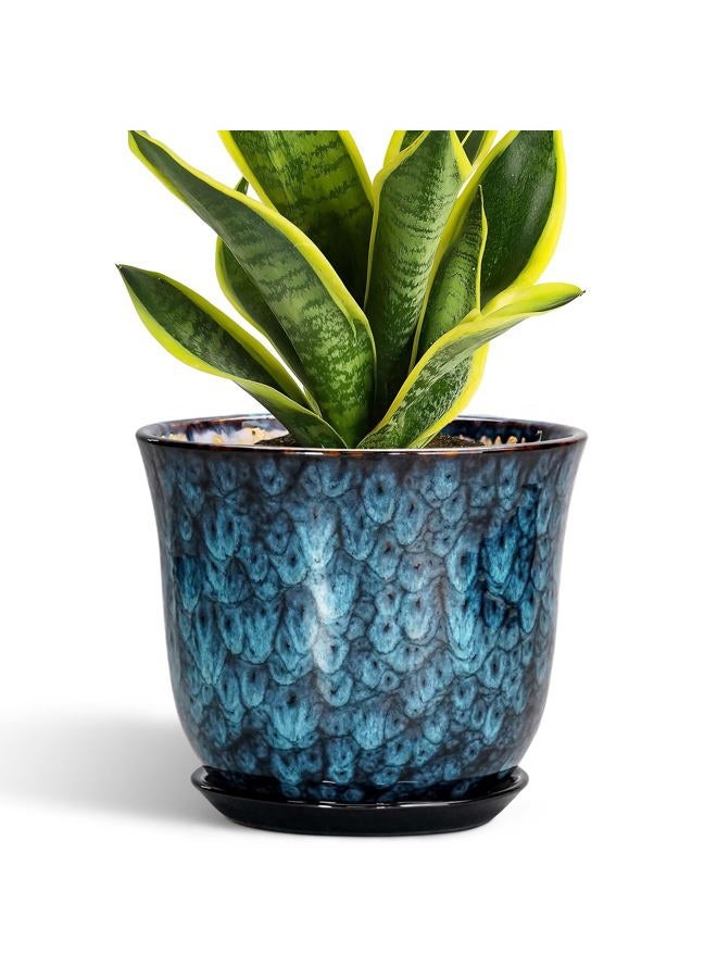 SUNPOTFOR Ceramic Planter - 8 Inch Plant Pot for Indoor Outdoor, Round Planter with Drainage Hole and Saucer, Modern Planters, Flower Pots, Apartment Porch Room Home Decor, Gardening Gifts, Blue - Image 1