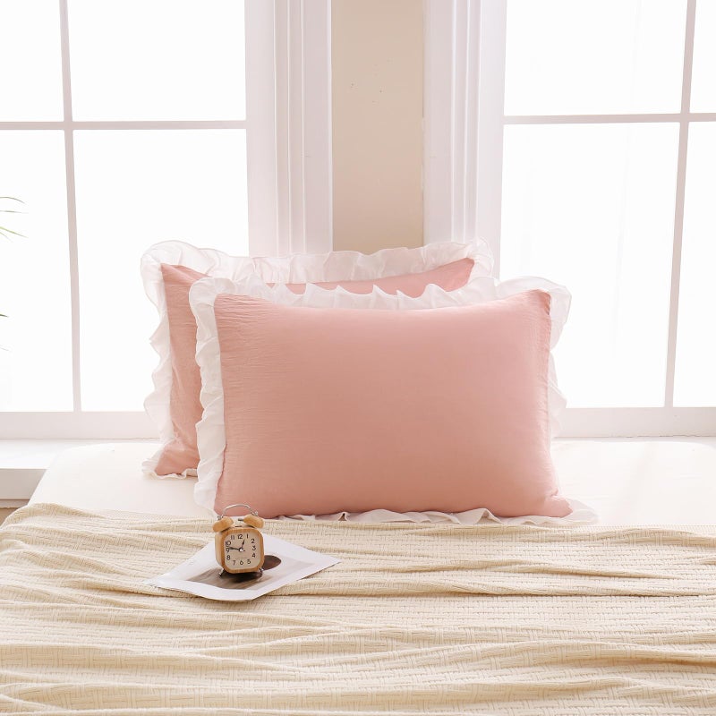 Merryword Pink Pillow Shams Pink and White Reversible King Pillowcases Cute Pillow Cover Set of 2 Soft Shabby Chic Ruffled Pillowcases 2 Pack (King (20''x36'')  Pink White) - Image 4