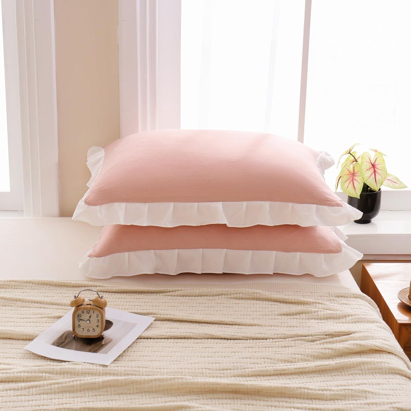 Merryword Pink Pillow Shams Pink and White Reversible King Pillowcases Cute Pillow Cover Set of 2 Soft Shabby Chic Ruffled Pillowcases 2 Pack (King (20''x36'')  Pink White) - Image 2
