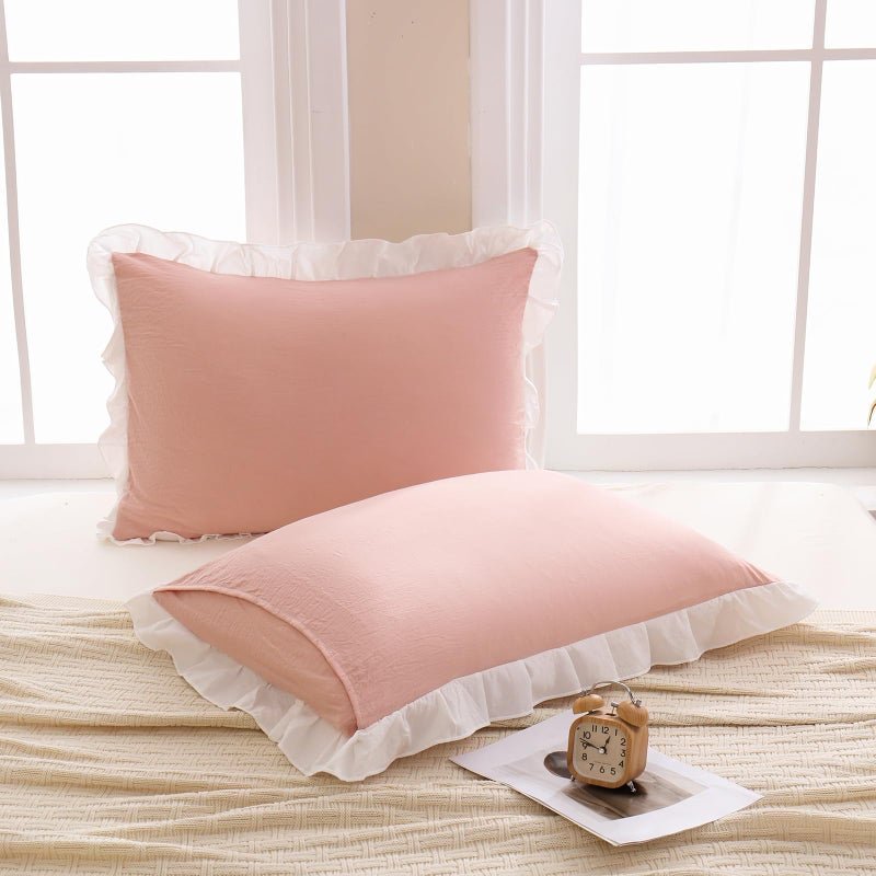 Merryword Pink Pillow Shams Pink and White Reversible King Pillowcases Cute Pillow Cover Set of 2 Soft Shabby Chic Ruffled Pillowcases 2 Pack (King (20''x36'')  Pink White) - Image 5