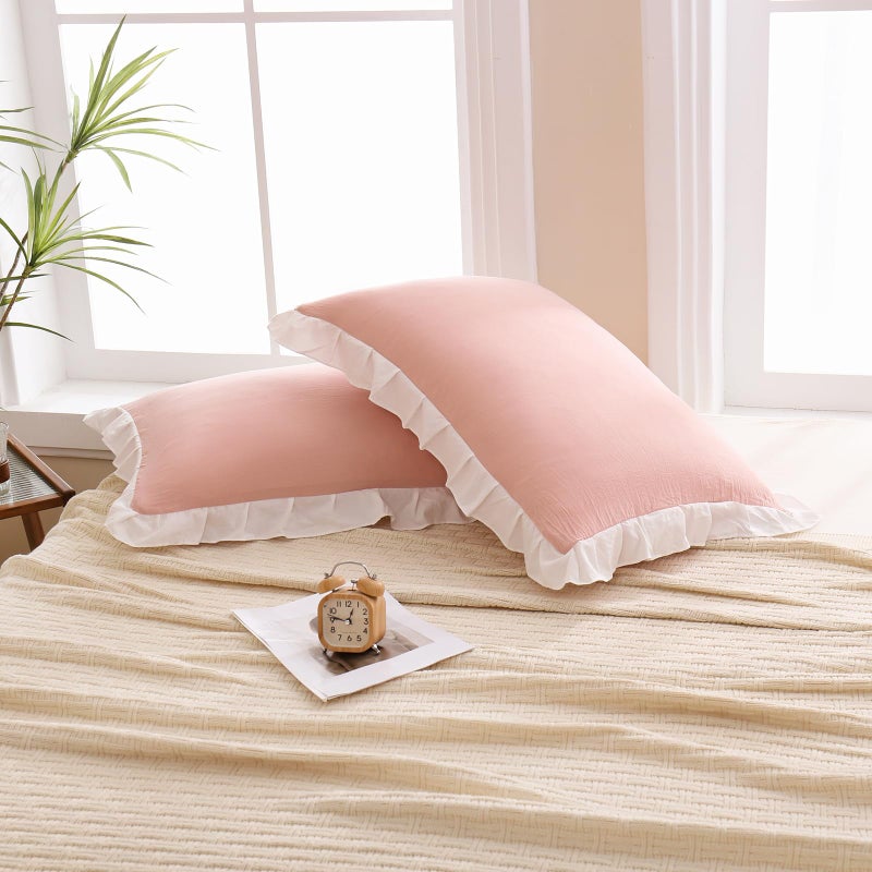 Merryword Pink Pillow Shams Pink and White Reversible King Pillowcases Cute Pillow Cover Set of 2 Soft Shabby Chic Ruffled Pillowcases 2 Pack (King (20''x36'')  Pink White) - Image 3