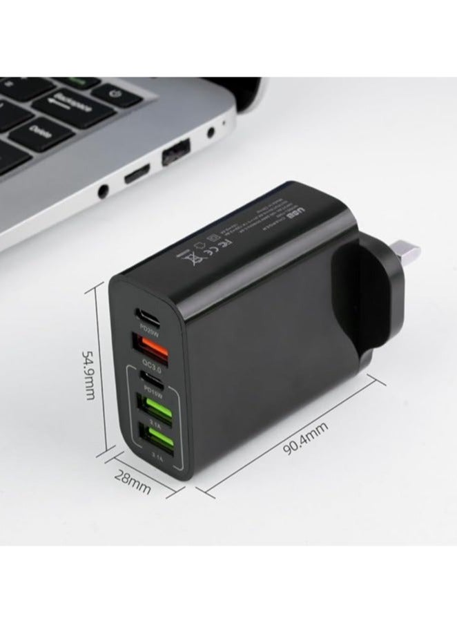 5-Port 65W USB Fast Charger Plug PD Power Adapter, Multi USB Plug UK Type C Charging Plug Compatible for iPhone 15/14 Pro Max and AirPods, iPad,Samsung S24/23 Ultra-Black - Image 2