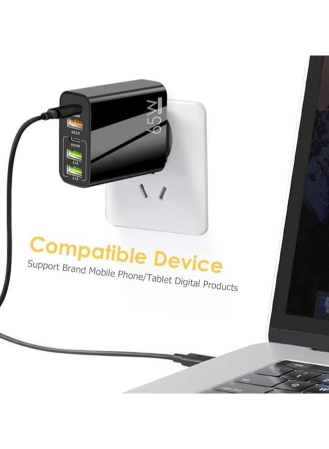 5-Port 65W USB Fast Charger Plug PD Power Adapter, Multi USB Plug UK Type C Charging Plug Compatible for iPhone 15/14 Pro Max and AirPods, iPad,Samsung S24/23 Ultra-Black - Image 3