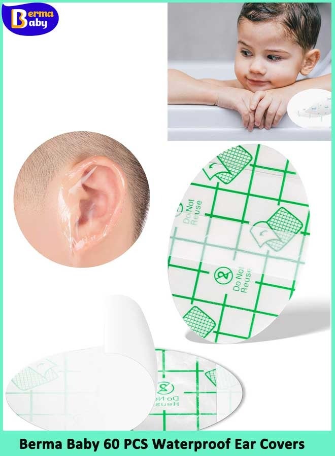 Berma Baby 60 قطعة من أغطية الأذن المقاومة للماء للأطفال الرضع والأطفال أثناء السباحة والاستحمام، ملصقات أغطية حماية الأذن للاستخدام مرة واحدة لركوب الأمواج والرياضات المائية - Image 1