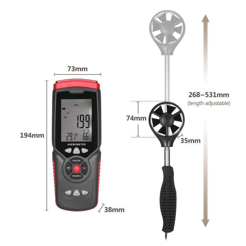 Anemometer: 2.9-Inch Backlit LCD Screen - Six-Wheel Design Wind Speed Meter for Professional Environmental Monitoring, Temperature Humidity Measurement - Image 2