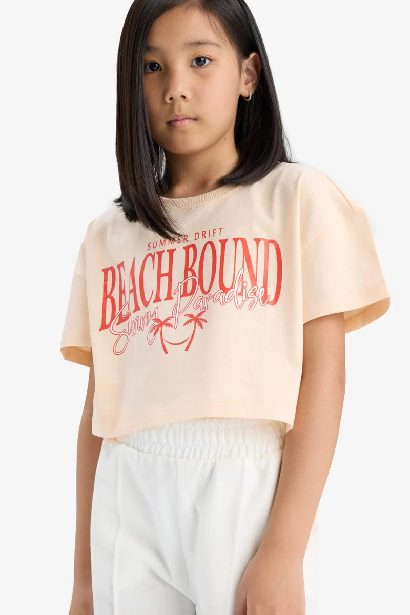 ديفاكتو Girl Crew Neck Short Sleeve Crop T-Shirt