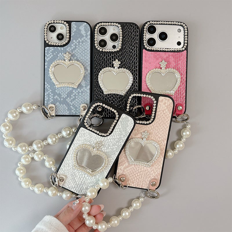 Suitable for Apple 17Promax Pearl Crown Mirror Mobile Phone Case Iphone16 Pearl Chain 15 Niche Creative - Image 4