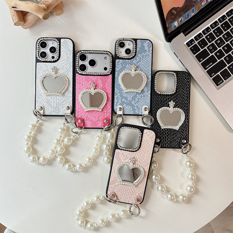 Suitable for Apple 17Promax Pearl Crown Mirror Mobile Phone Case Iphone16 Pearl Chain 15 Niche Creative - Image 3