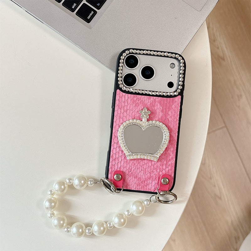 Suitable for Apple 17Promax Pearl Crown Mirror Mobile Phone Case Iphone16 Pearl Chain 15 Niche Creative - Image 1