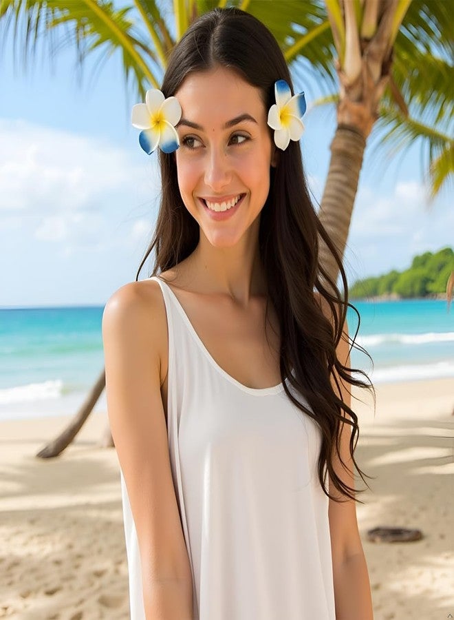SelHeng 4Pcs 7cm Hawaiian Frangipani Plumeria Foam Head Flower Party Beach Hair Clip Hair Clips (White+Blue) - Image 5