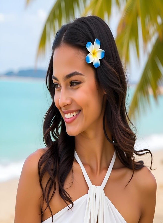 SelHeng 4Pcs 7cm Hawaiian Frangipani Plumeria Foam Head Flower Party Beach Hair Clip Hair Clips (White+Blue) - Image 2