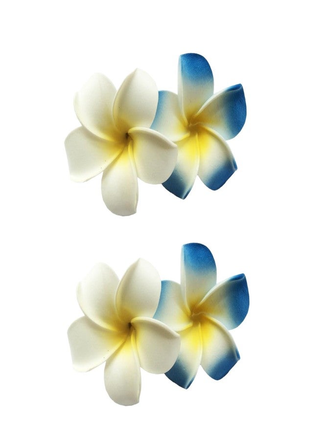 SelHeng 4Pcs 7cm Hawaiian Frangipani Plumeria Foam Head Flower Party Beach Hair Clip Hair Clips (White+Blue) - Image 1