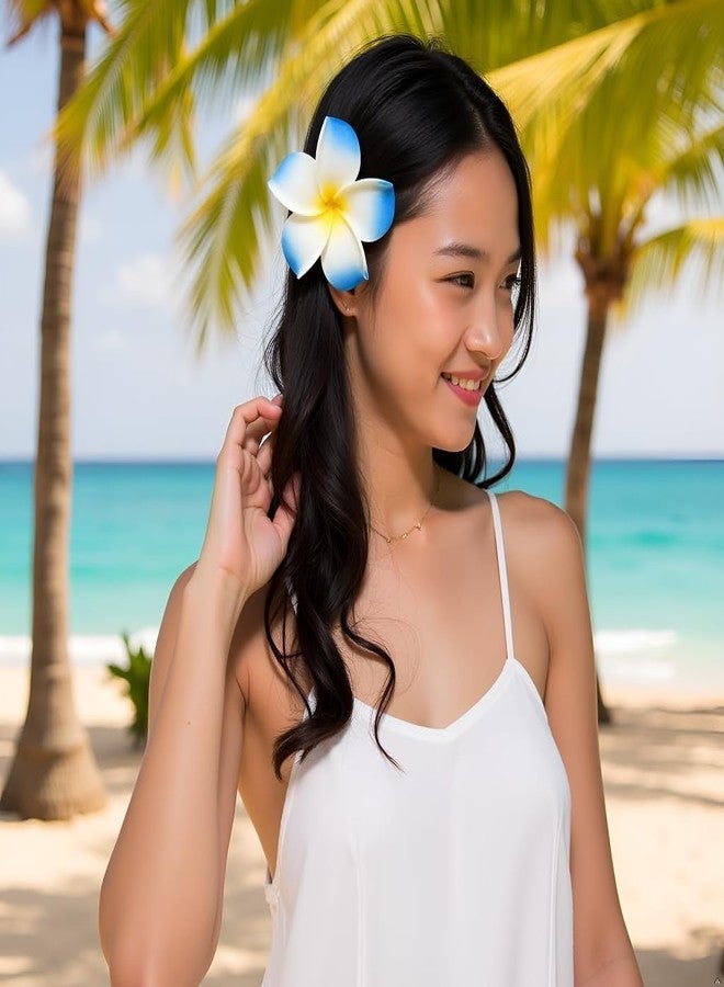 SelHeng 4Pcs 7cm Hawaiian Frangipani Plumeria Foam Head Flower Party Beach Hair Clip Hair Clips (White+Blue) - Image 3