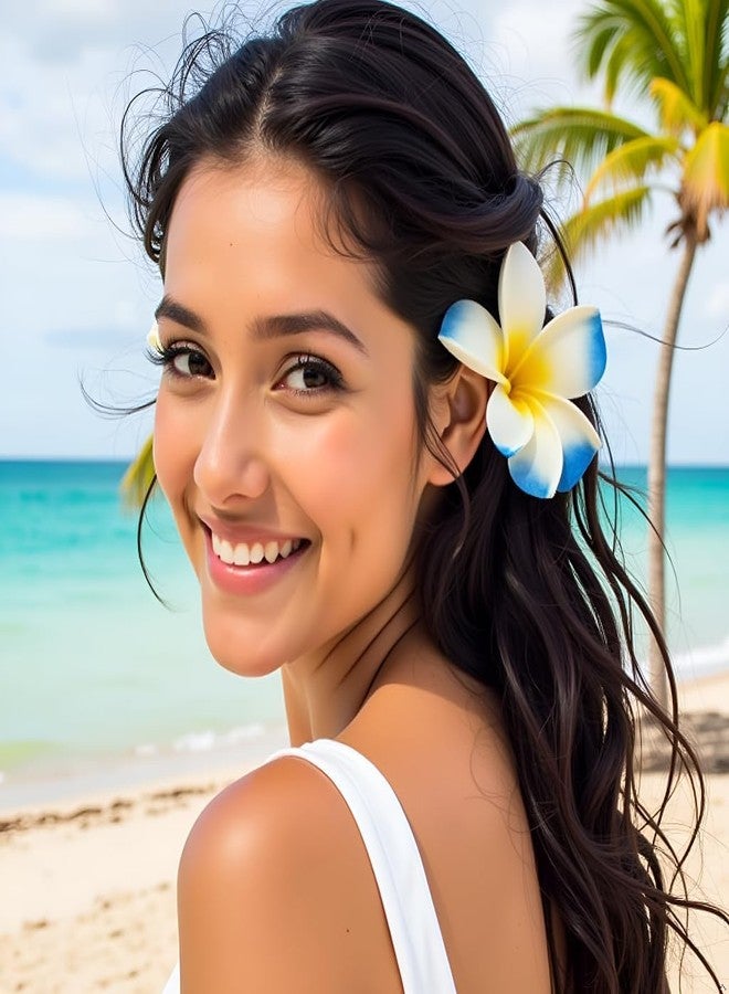 SelHeng 4Pcs 7cm Hawaiian Frangipani Plumeria Foam Head Flower Party Beach Hair Clip Hair Clips (White+Blue) - Image 4