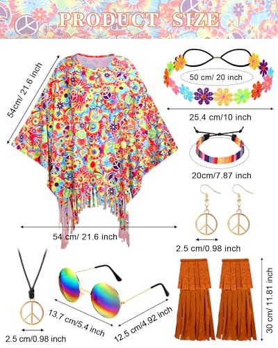 Hicarer 7Pcs 60s 70s Hippie Costume Accessories Set Tie Dye Poncho Tassel Boot Covers Sunglasses Outfits for Cosplay Party ColorfulBright - Image 3
