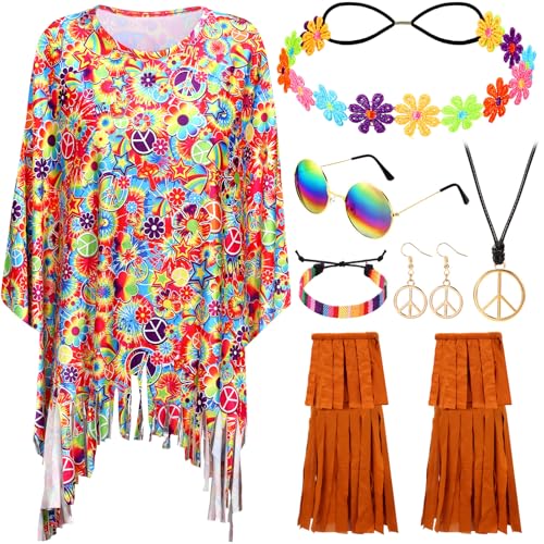 Hicarer 7Pcs 60s 70s Hippie Costume Accessories Set Tie Dye Poncho Tassel Boot Covers Sunglasses Outfits for Cosplay Party ColorfulBright - Image 1