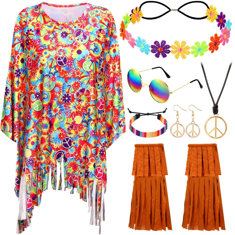 Hicarer 7Pcs 60s 70s Hippie Costume Accessories Set Tie Dye Poncho Tassel Boot Covers Sunglasses Outfits for Cosplay Party ColorfulBright - Image 2