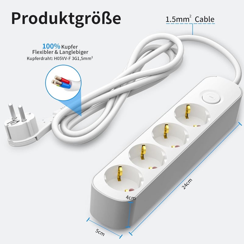 realmade Power Strip 4-Way Multiple Socket with Switch 3 m, Flat Plug Socket with Child Lock, 4-Way Power Strip for Household Appliances, Computer, Mobile Phone Charge, Office, Bedroom, Family - Image 5