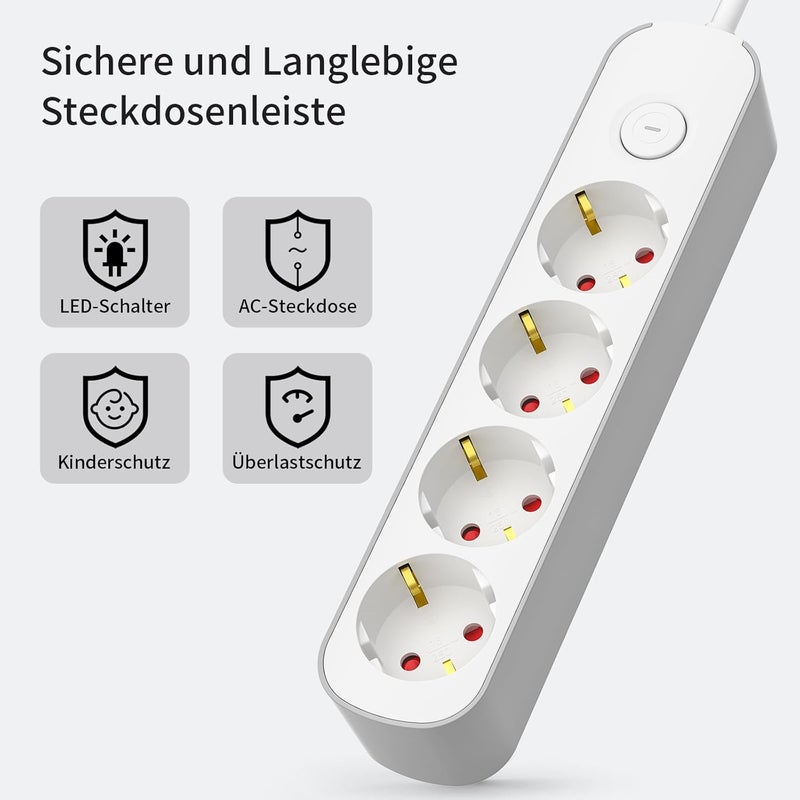 realmade Power Strip 4-Way Multiple Socket with Switch 3 m, Flat Plug Socket with Child Lock, 4-Way Power Strip for Household Appliances, Computer, Mobile Phone Charge, Office, Bedroom, Family - Image 3