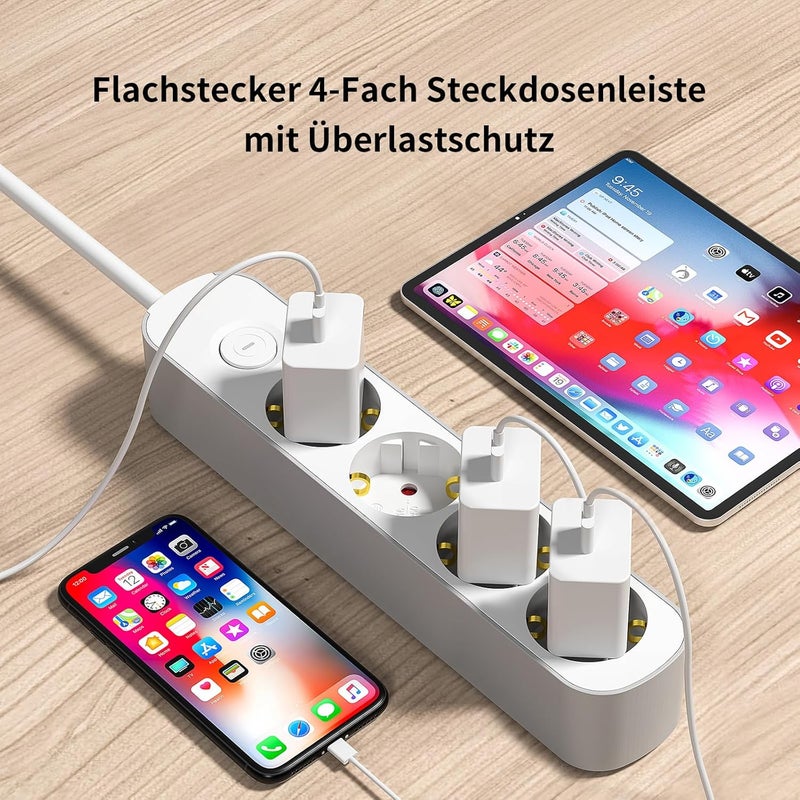 realmade Power Strip 4-Way Multiple Socket with Switch 3 m, Flat Plug Socket with Child Lock, 4-Way Power Strip for Household Appliances, Computer, Mobile Phone Charge, Office, Bedroom, Family - Image 2