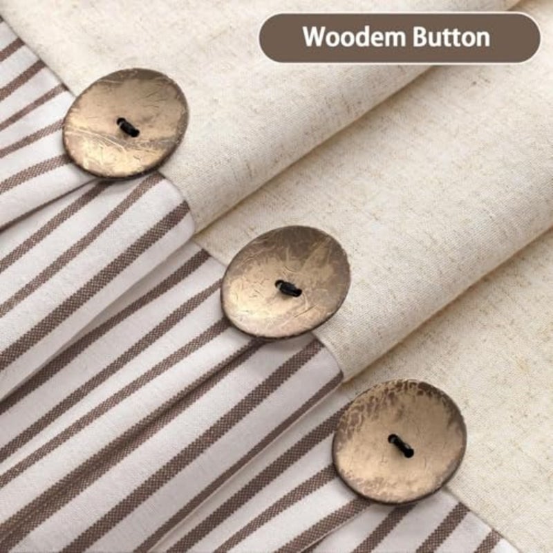 haodeFarmhouse Shower Curtain, Beige and Brown Stripe, Button Curtain, Linen and Cotton Woven Fabric, Rustic Charm Country Chic Style, 183 * 183cm - Image 2