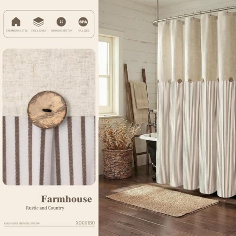 haodeFarmhouse Shower Curtain, Beige and Brown Stripe, Button Curtain, Linen and Cotton Woven Fabric, Rustic Charm Country Chic Style, 183 * 183cm - Image 3