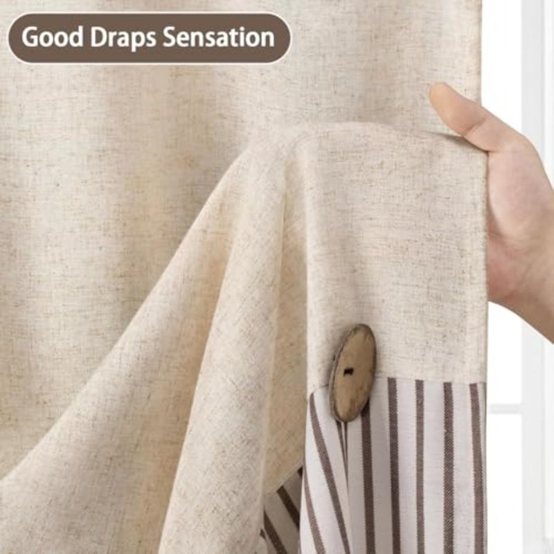 haodeFarmhouse Shower Curtain, Beige and Brown Stripe, Button Curtain, Linen and Cotton Woven Fabric, Rustic Charm Country Chic Style, 183 * 183cm - Image 5