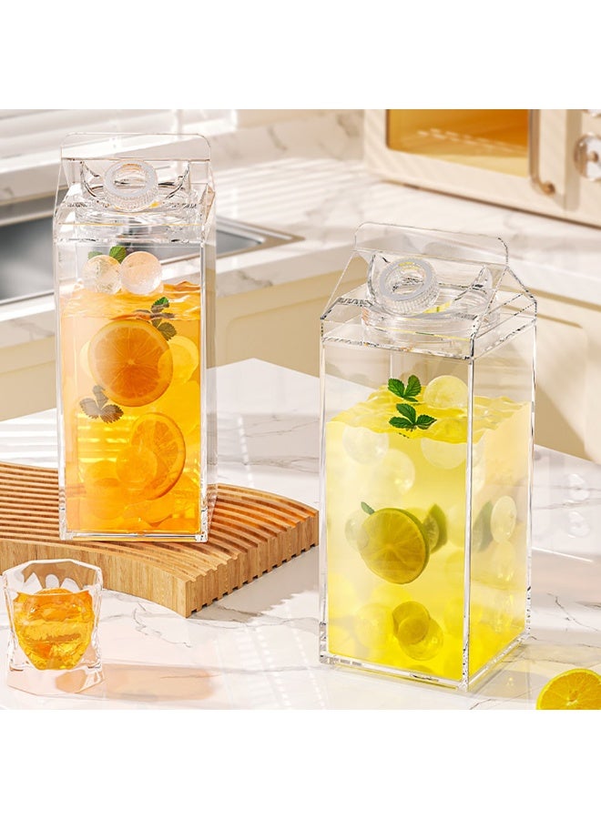 1.9L Large Capacity Milk Carton Water Jug, 2 Pack Clear Plastic Square Water Bottle with Lid for Hot & Cold Drinks, Juice & Tea – Beverage, Milk & Smoothie, Portable and Leakproof  - Image 1