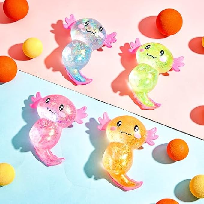 Simgoing 12 Pcs Sensory Fidget Stress Relief Axolotl Toy 3.94 x 3.15 Inches Cute Malt Sugar Filled Stretchy Axolotl Fun Squeeze for Adults Soothing Birthday Party Gift, 4 Styles (Glitter) - Image 4