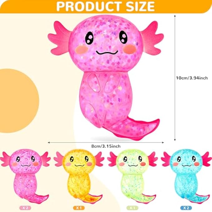 Simgoing 12 Pcs Sensory Fidget Stress Relief Axolotl Toy 3.94 x 3.15 Inches Cute Malt Sugar Filled Stretchy Axolotl Fun Squeeze for Adults Soothing Birthday Party Gift, 4 Styles (Glitter) - Image 2