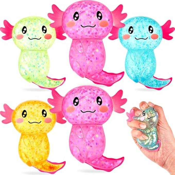 Simgoing 12 Pcs Sensory Fidget Stress Relief Axolotl Toy 3.94 x 3.15 Inches Cute Malt Sugar Filled Stretchy Axolotl Fun Squeeze for Adults Soothing Birthday Party Gift, 4 Styles (Glitter) - Image 1