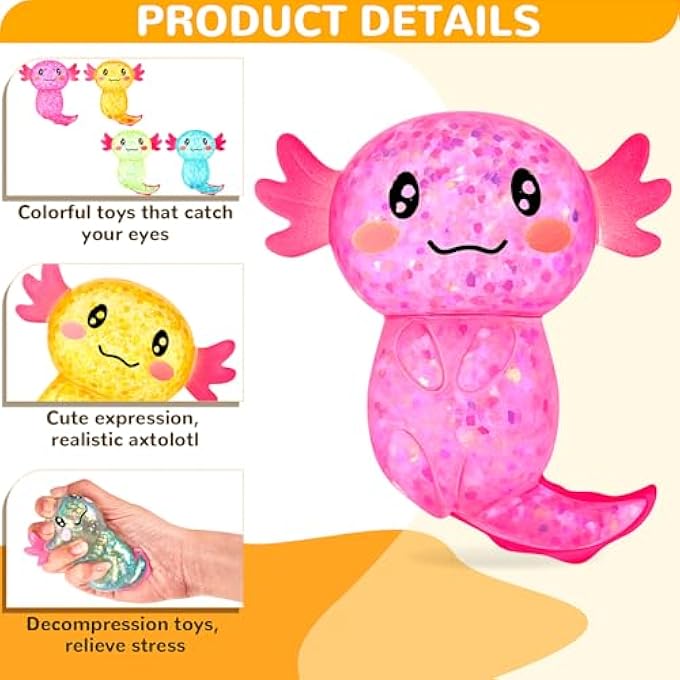 Simgoing 12 Pcs Sensory Fidget Stress Relief Axolotl Toy 3.94 x 3.15 Inches Cute Malt Sugar Filled Stretchy Axolotl Fun Squeeze for Adults Soothing Birthday Party Gift, 4 Styles (Glitter) - Image 3