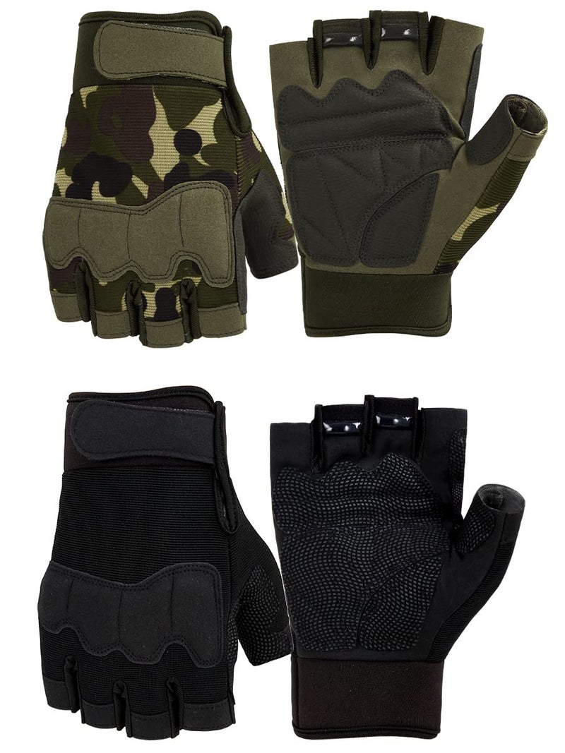 FIORETTO Fingerless Gloves for Airsoft Shooting Half Finger Hunting Hiking Cycling Driving Motorcycle Climbing Work Gloves 2 Pairs(Black+Green Camo) Large - Image 1