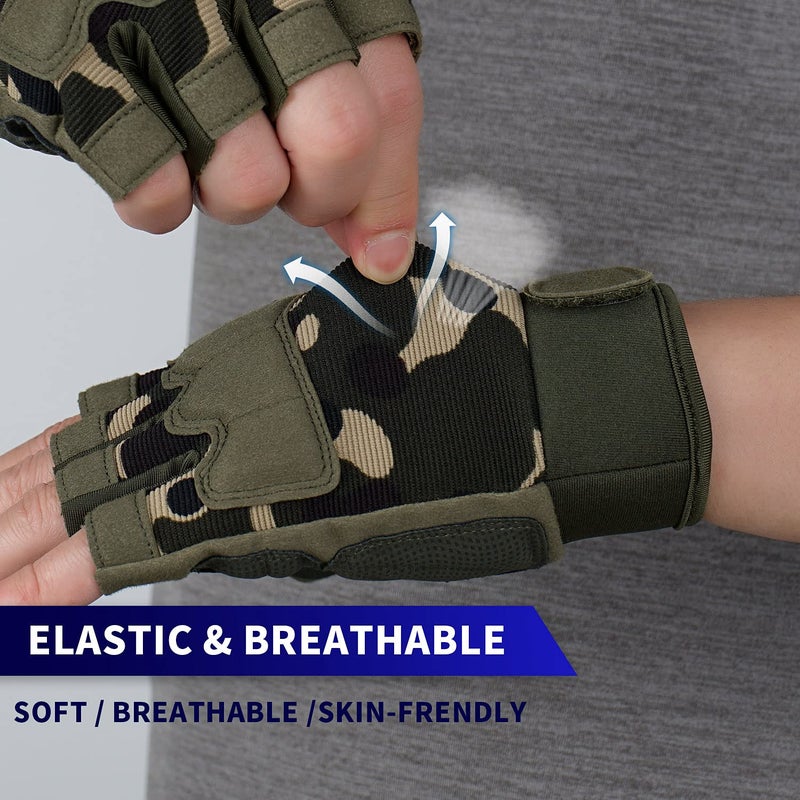 FIORETTO Fingerless Gloves for Airsoft Shooting Half Finger Hunting Hiking Cycling Driving Motorcycle Climbing Work Gloves 2 Pairs(Black+Green Camo) Large - Image 5